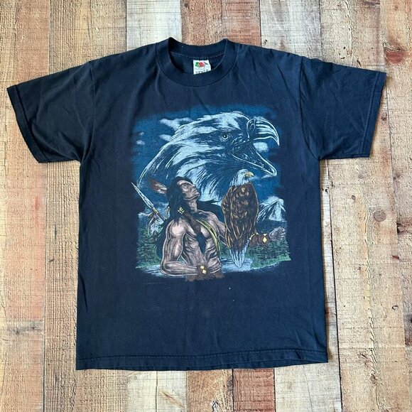 Vintage Fruit Of The Loom Native American & Eagle Graphic T-Shirt Black M - Picture 1 of 9